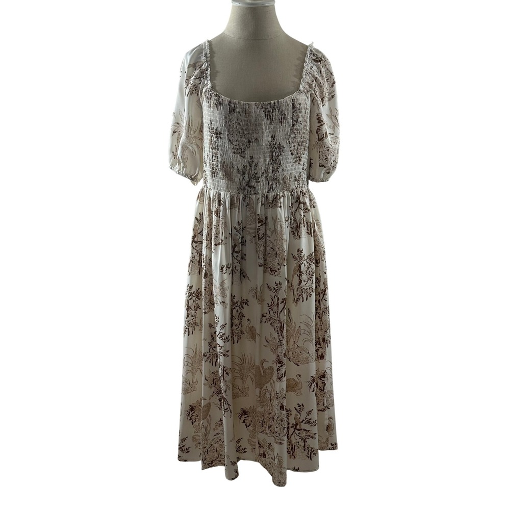 Lush Taupe Floral Toile Smocked Midi Dress Short Puff Sleeve Square Neck XL